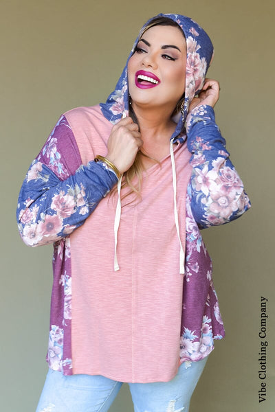 Muted Floral Print Hooded Top Tops Hopely 
