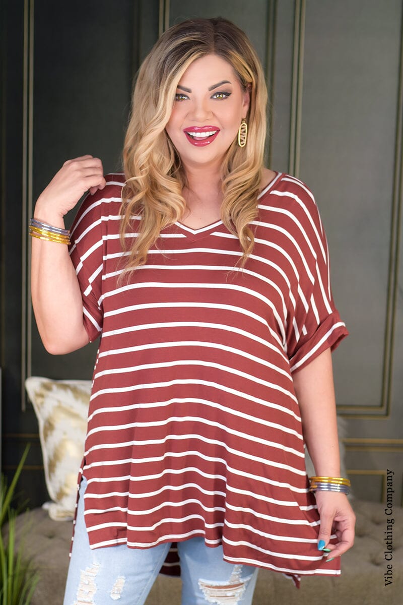 Striped Relaxed Tops BASICS 001 Small Rust 