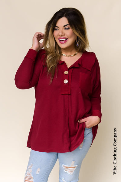 Oversized Knit Henley Tops Tops Lover Small Claret 
