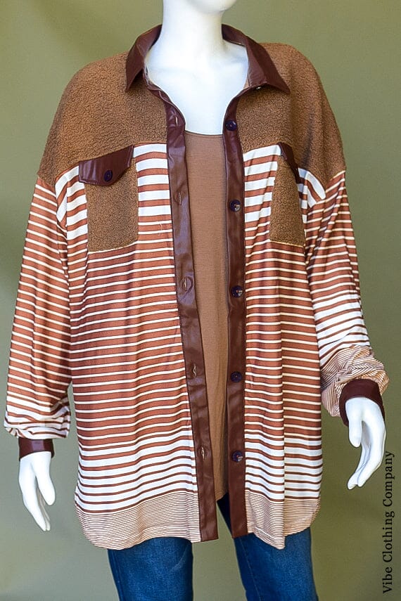 Striped Fleece & Pleather Shacket Tops Lover 