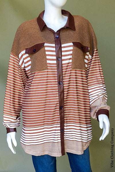 Striped Fleece & Pleather Shacket Tops Lover 