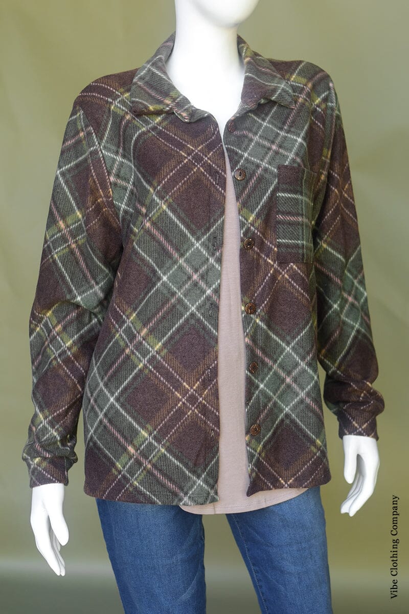 Fuzzy Plaid Button Down Shacket Tops 1clique Small Olive 