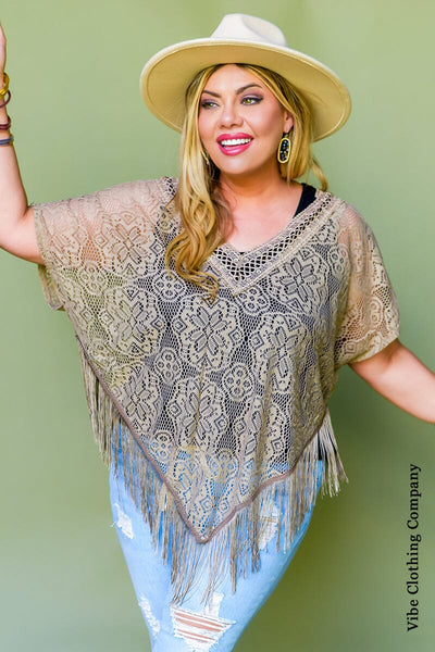 Lace and Fringe Poncho Top Shirts & Tops Plus size House 
