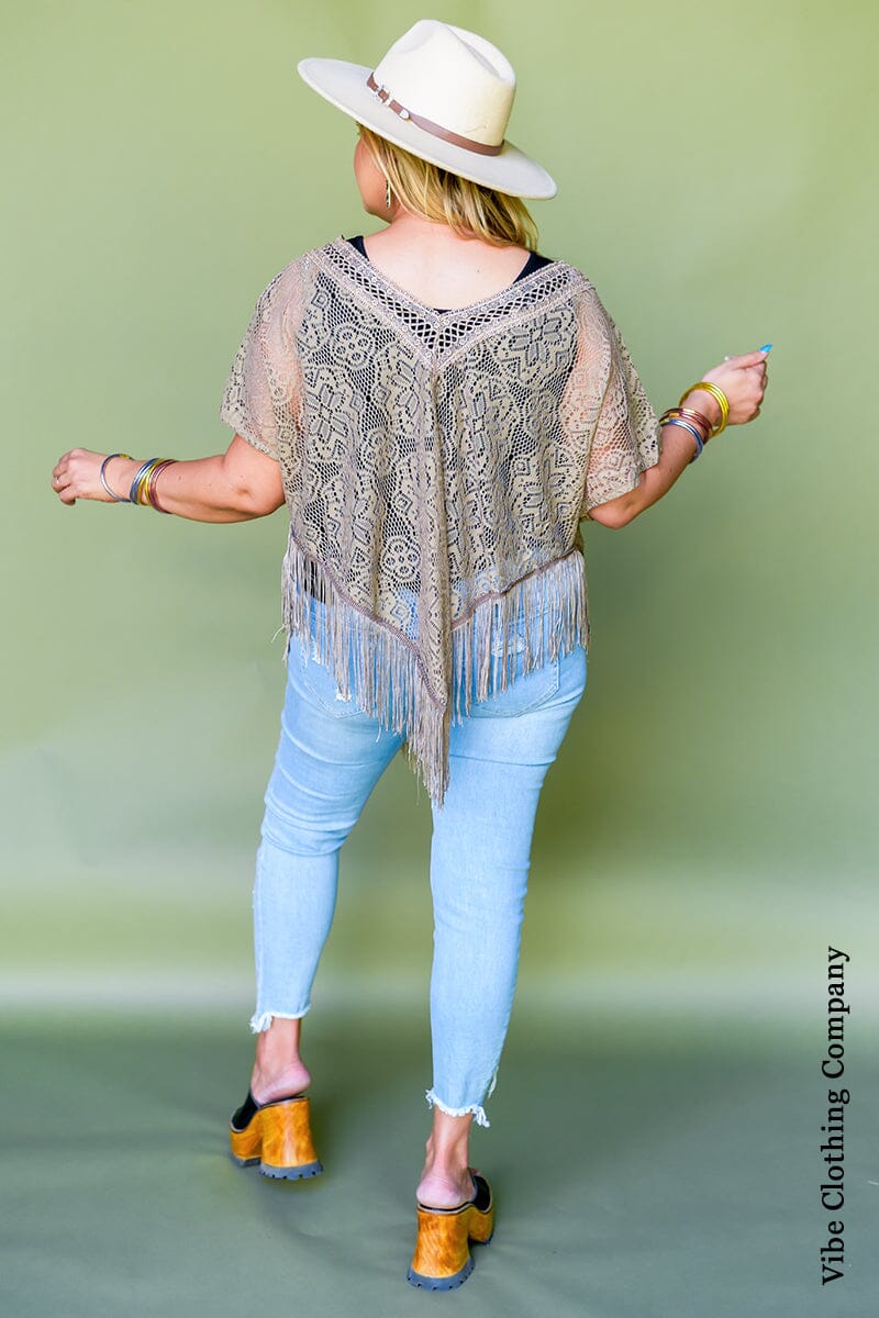 Lace and Fringe Poncho Top Shirts & Tops Plus size House 