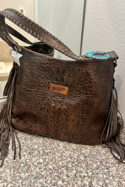 Trend Report 2024- Genuine Wrangler Purse Embossed Reptile With Turquoise Blossom & Fringe Tops blumin 