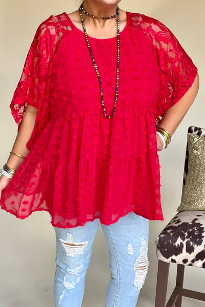 Red Swiss Dot and Lace Top Tops ladys world 