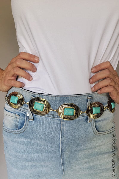 Western Turquoise Chonco Metal Belts shoes and purses FAME Gold 