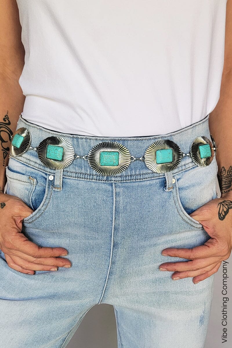 Western Turquoise Chonco Metal Belts shoes and purses FAME Silver 