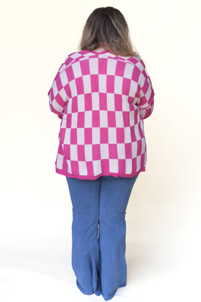 Fuchsia Checkerboard Sweater Cardigan cardigan Lover 