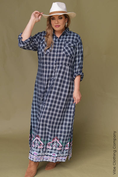 Embroidered Plaid Duster Dress Dresses fashion express 