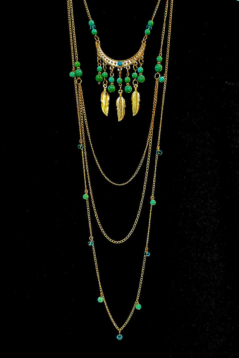 Layers of Turquoise & Feathers Necklace Set Jewelry Noclue Gold 