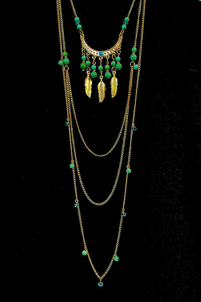 Layers of Turquoise & Feathers Necklace Set Jewelry Noclue Gold 