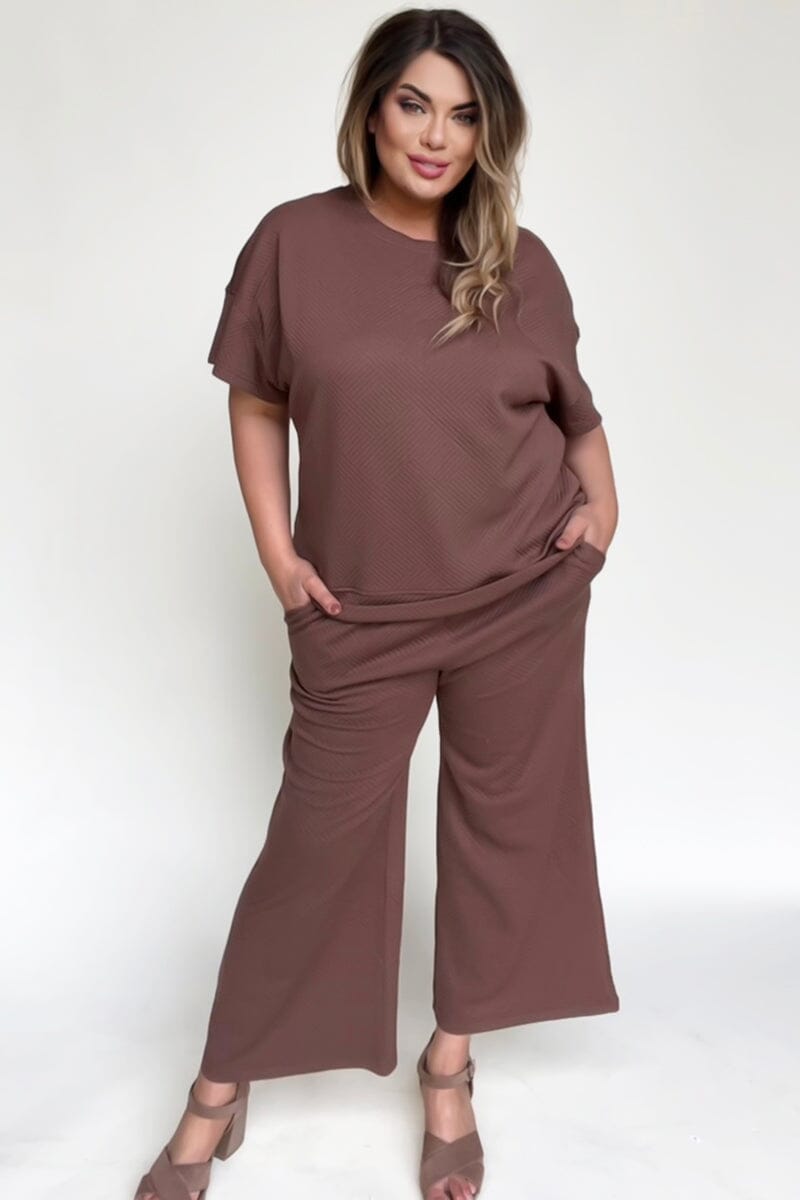 Textured Slouchy Set - Short Sleeves Loungewear Lover Medium Brown 