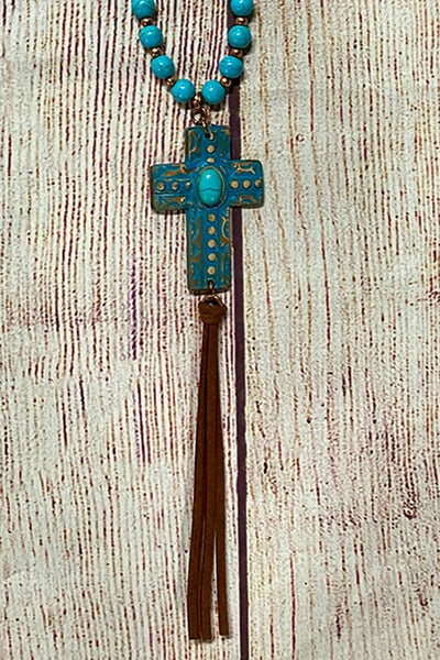 Cross of Turquoise and Suede Necklace Jewelry MISO 