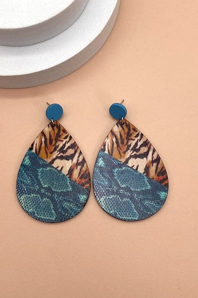 Wood Animal Print Earrings Jewelry Wall to Wall Tan/Blue 