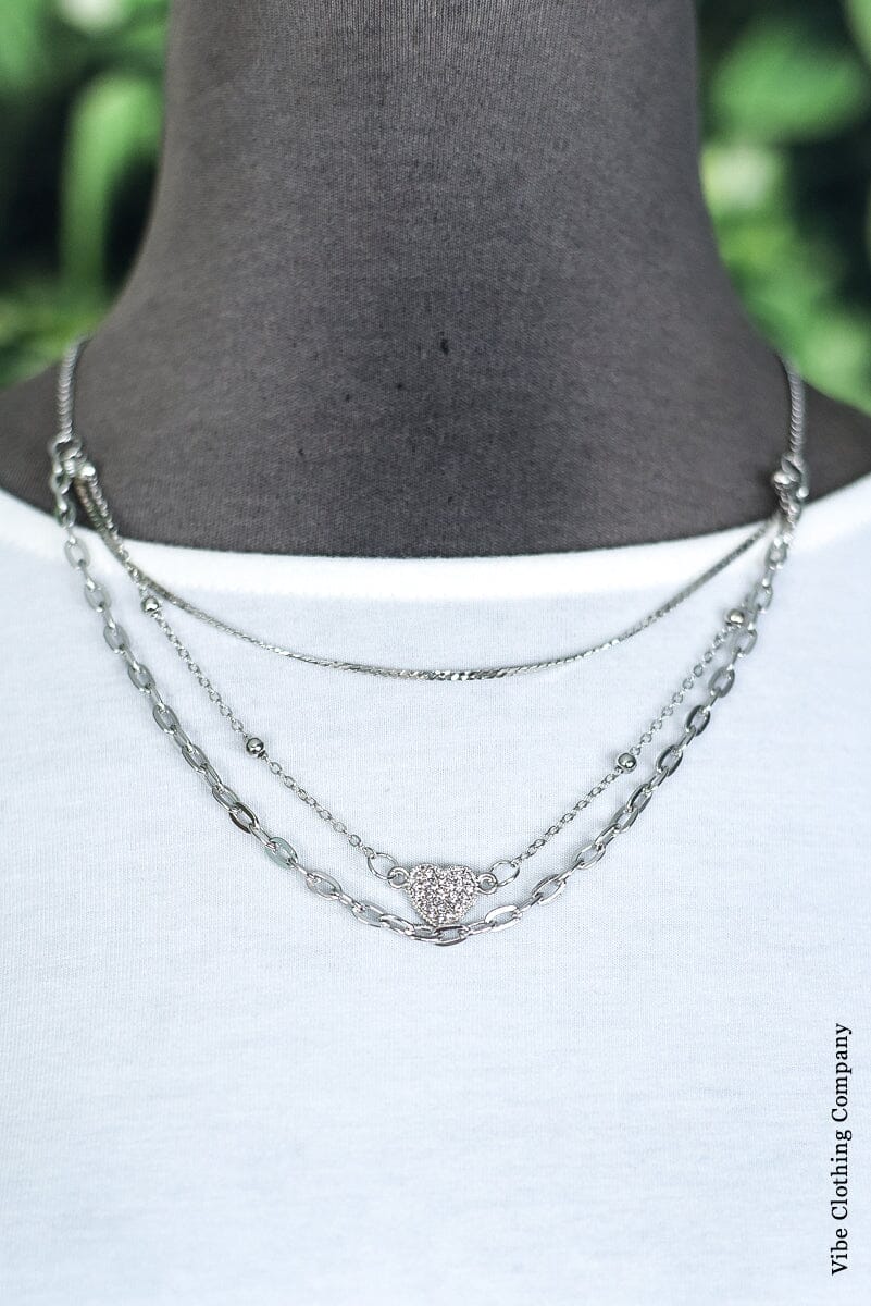Heart Triple Chain Necklace Jewelry funteze Silver 