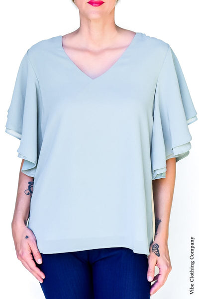 Flowy Flutter Sleeve Tops Tops 001 Small Sage 
