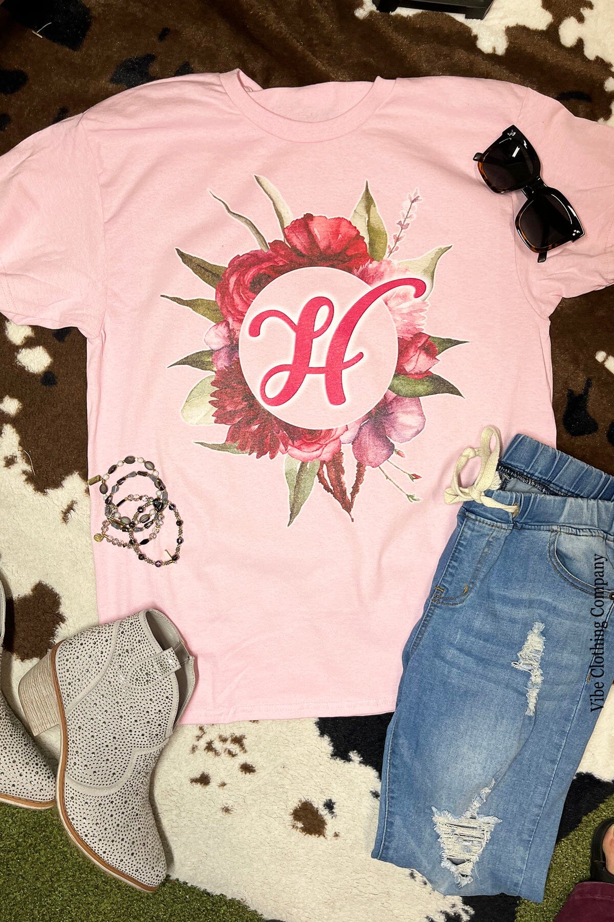 Floral Initial Graphic Tee, Q-Z graphic tees VCC 