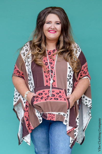 Leopard Print Poncho Top With Pockets Tops oddi Coral 