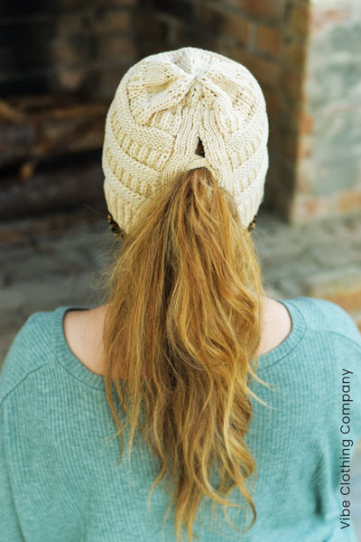 CC Cable Knit Ponytail Beanie Womens miso 
