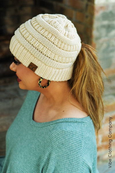 CC Cable Knit Ponytail Beanie Womens miso Ivory 