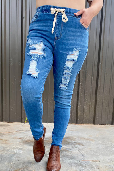 Drawstring Distressed Jeans Bottoms 009 