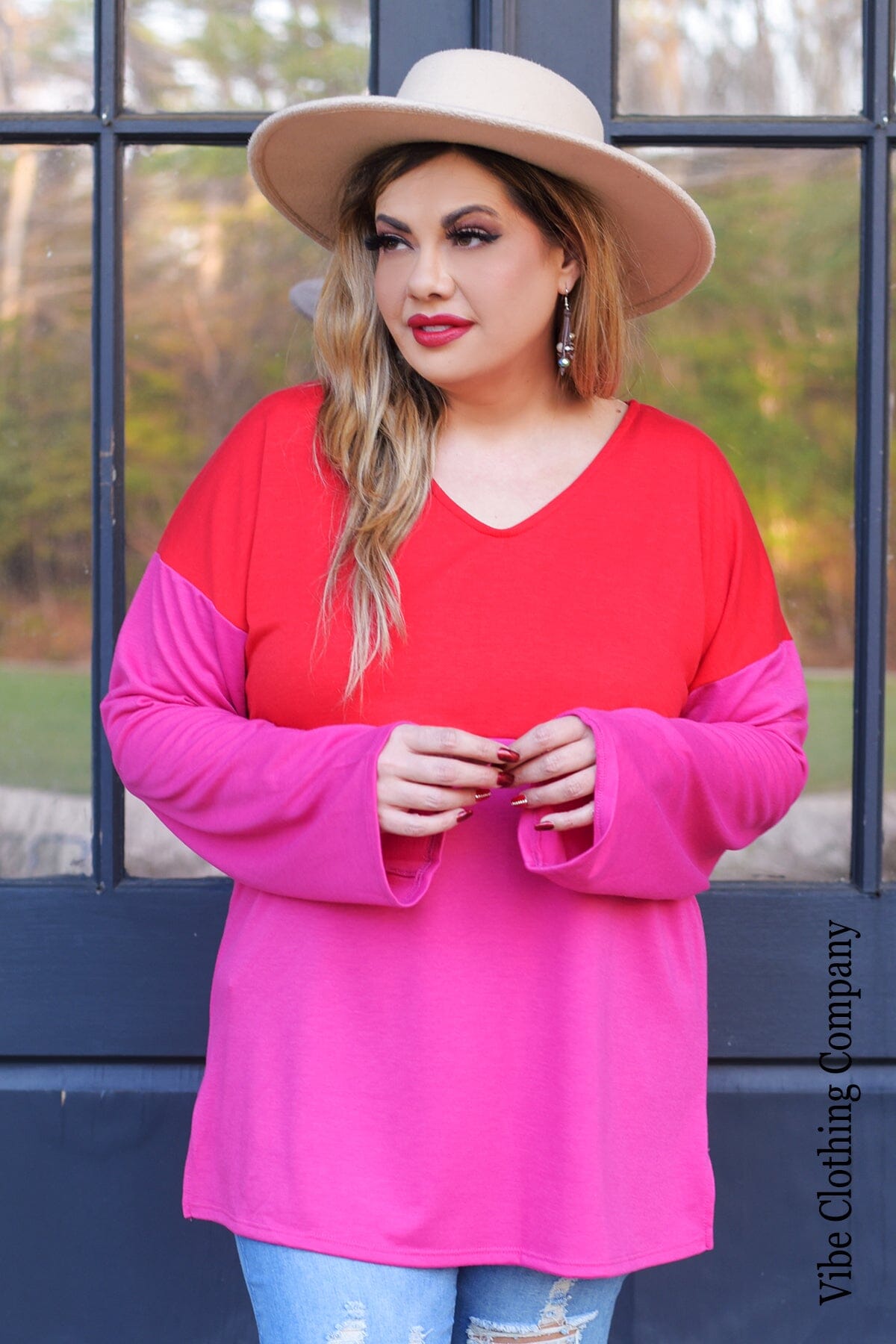 Pink and Red Color Block Sweater Top Tops ladys world Small 