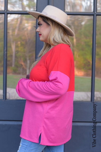 Pink and Red Color Block Sweater Top Tops ladys world 